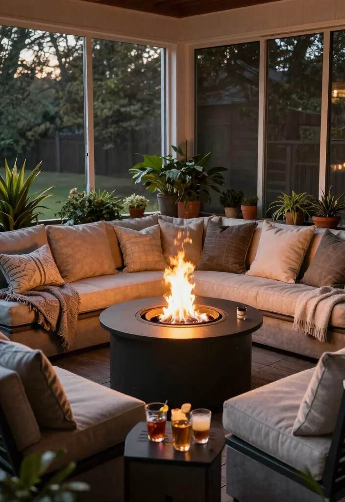 15 Screened In Porch Decorating Ideas That Feel Like a Real Room - 8. Cozy Fire Pit Corner 1