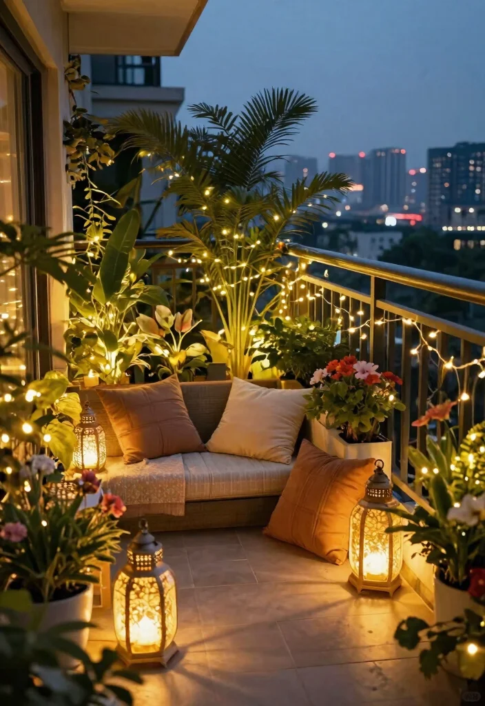 18 Apartment Balcony Garden Ideas for Renters With No Yard - 10. Fairy Lights and Lanterns 1