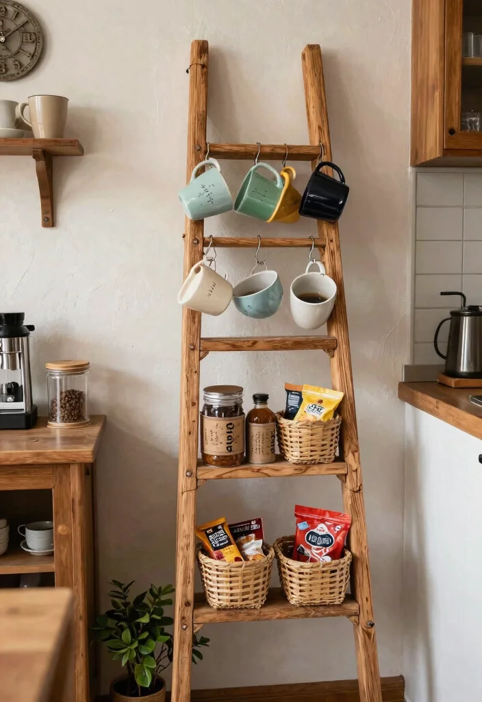 18 Farmhouse Coffee Bar Ideas That Fit on a Counter or Empty Corner - 1. Rustic Ladder Coffee Station 1
