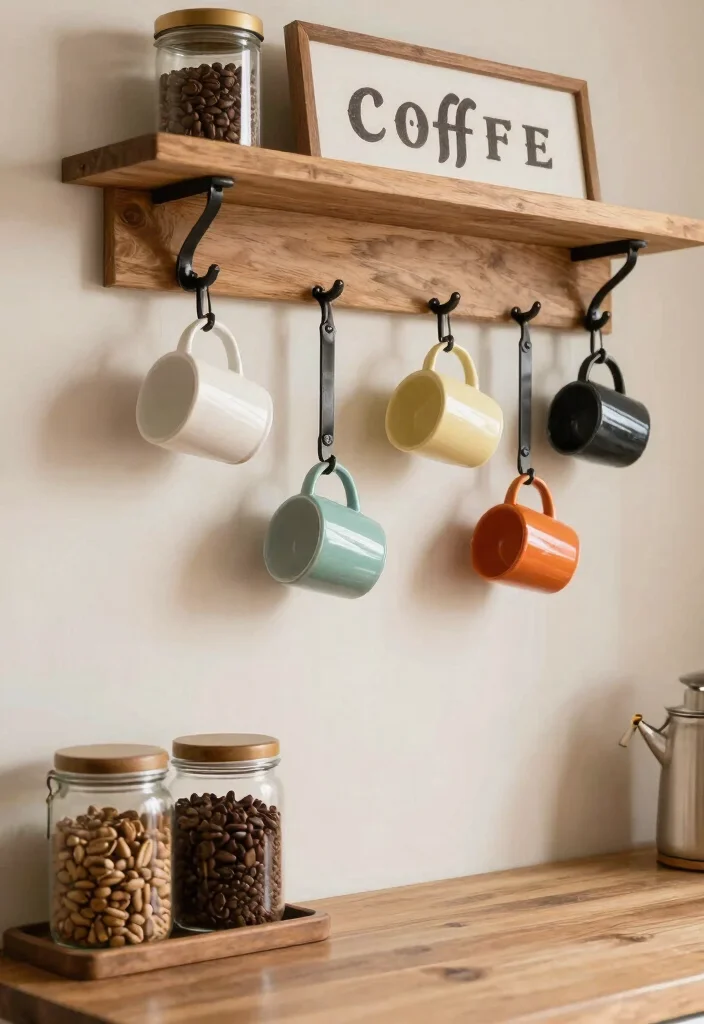 18 Farmhouse Coffee Bar Ideas That Fit on a Counter or Empty Corner - 12. Decorative Wall Hooks for Mugs 1