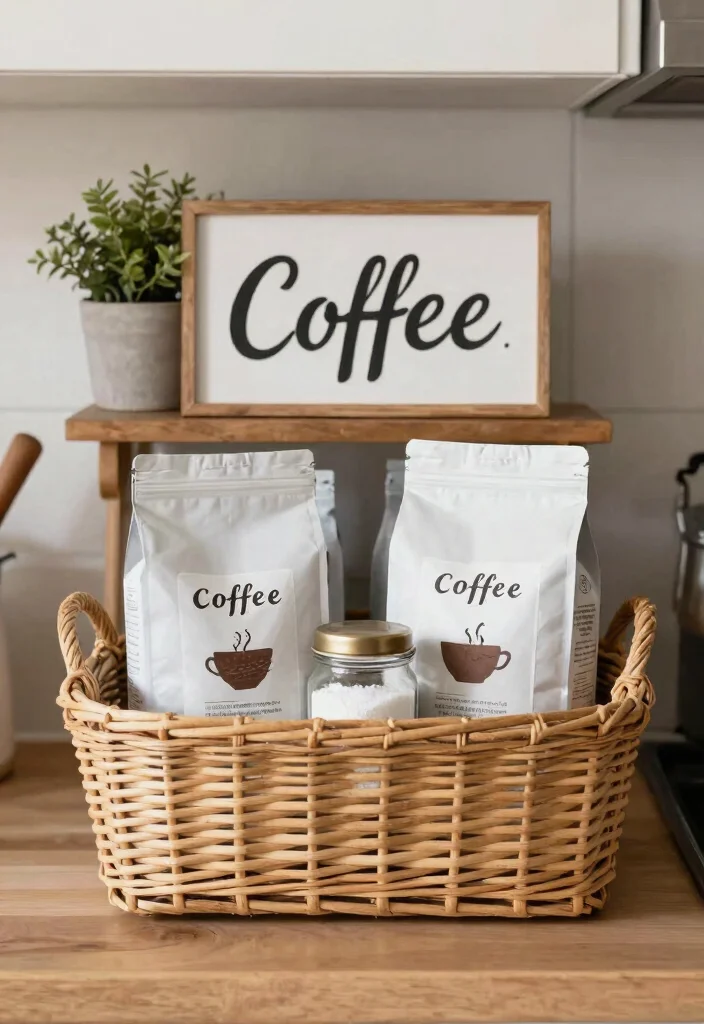 18 Farmhouse Coffee Bar Ideas That Fit on a Counter or Empty Corner - 13. Charming Coffee Basket Display 1