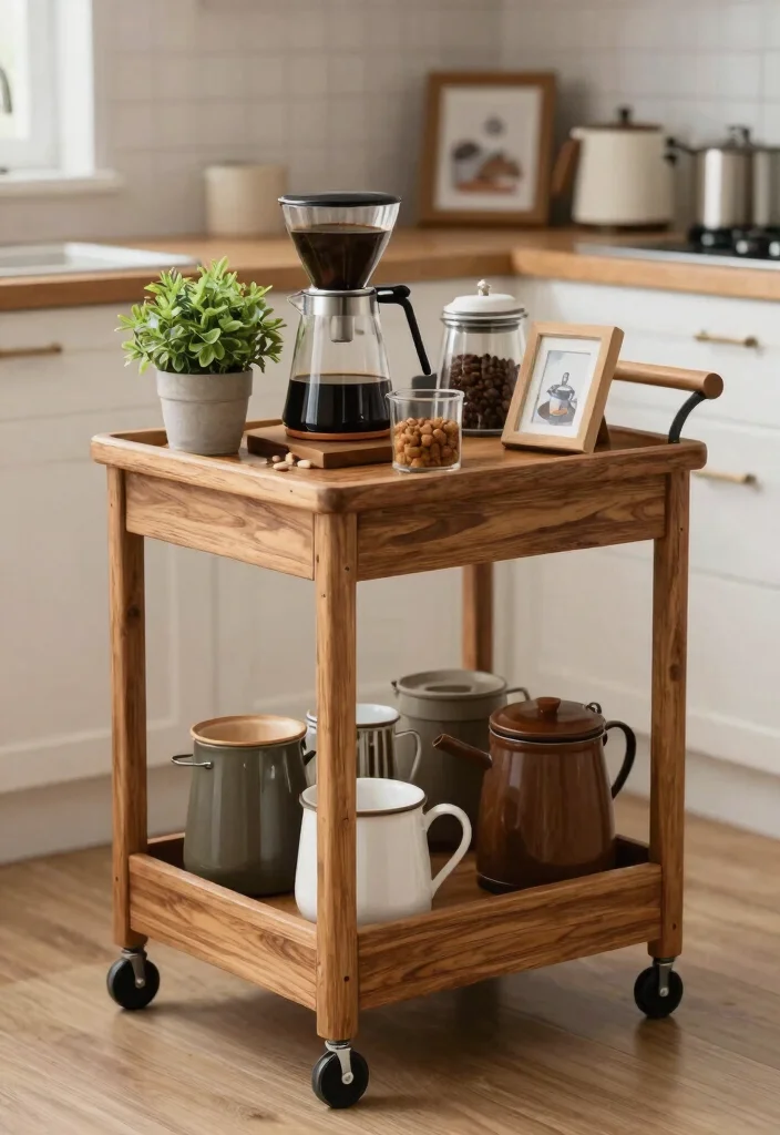 18 Farmhouse Coffee Bar Ideas That Fit on a Counter or Empty Corner - 14. Simple DIY Coffee Bar Cart 1