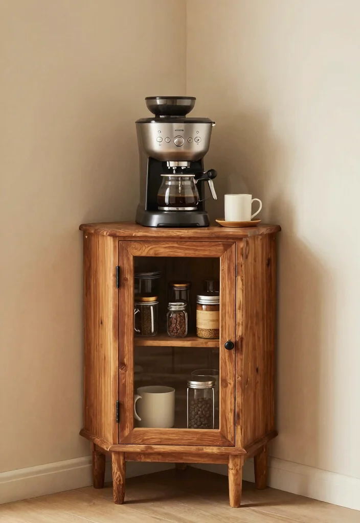 18 Farmhouse Coffee Bar Ideas That Fit on a Counter or Empty Corner - 15. Corner Coffee Cabinet 1