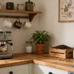 18 Farmhouse Coffee Bar Ideas That Fit on a Counter or Empty Corner