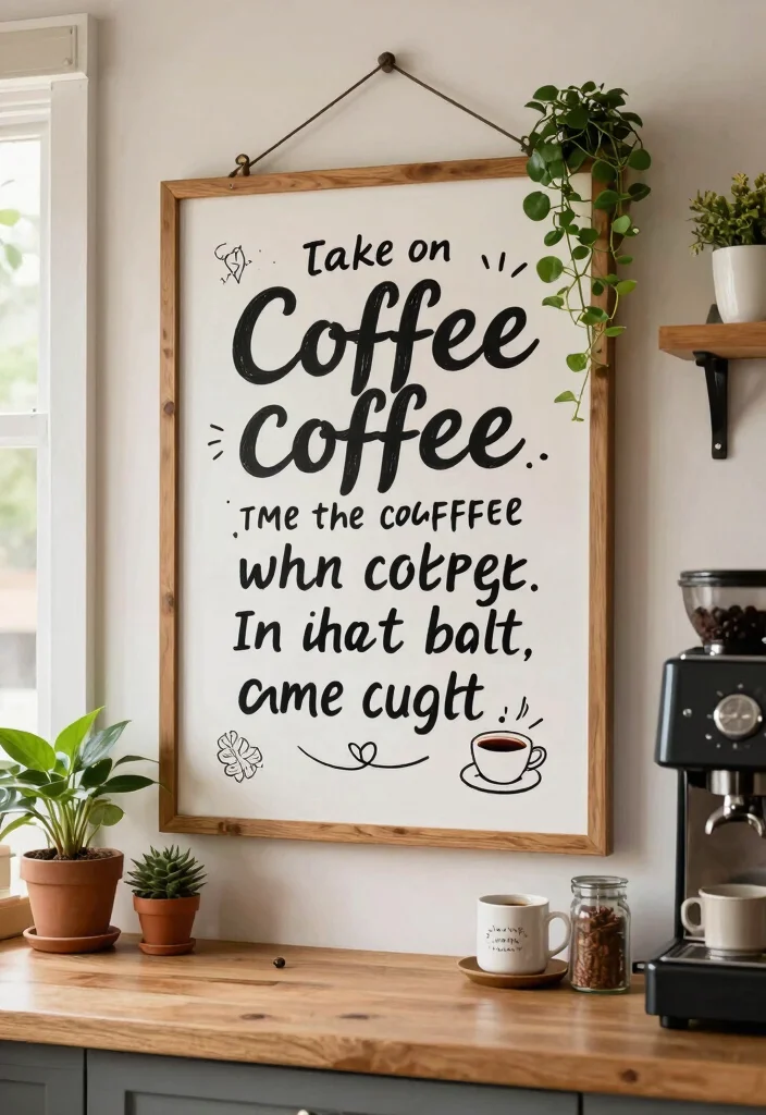 18 Farmhouse Coffee Bar Ideas That Fit on a Counter or Empty Corner - 16. Whimsical Coffee Quote Board 1
