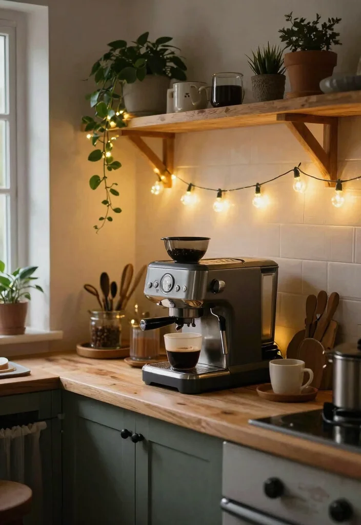 18 Farmhouse Coffee Bar Ideas That Fit on a Counter or Empty Corner - 17. Warm Glow Coffee Station 1
