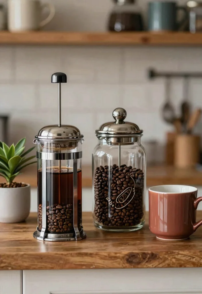 18 Farmhouse Coffee Bar Ideas That Fit on a Counter or Empty Corner - 18. Elegant French Press Display 1