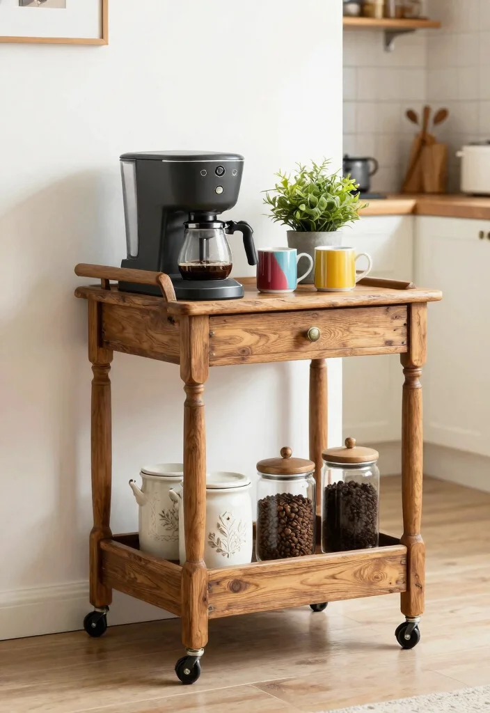18 Farmhouse Coffee Bar Ideas That Fit on a Counter or Empty Corner - 2. Compact Cart for Coffee Essentials 1