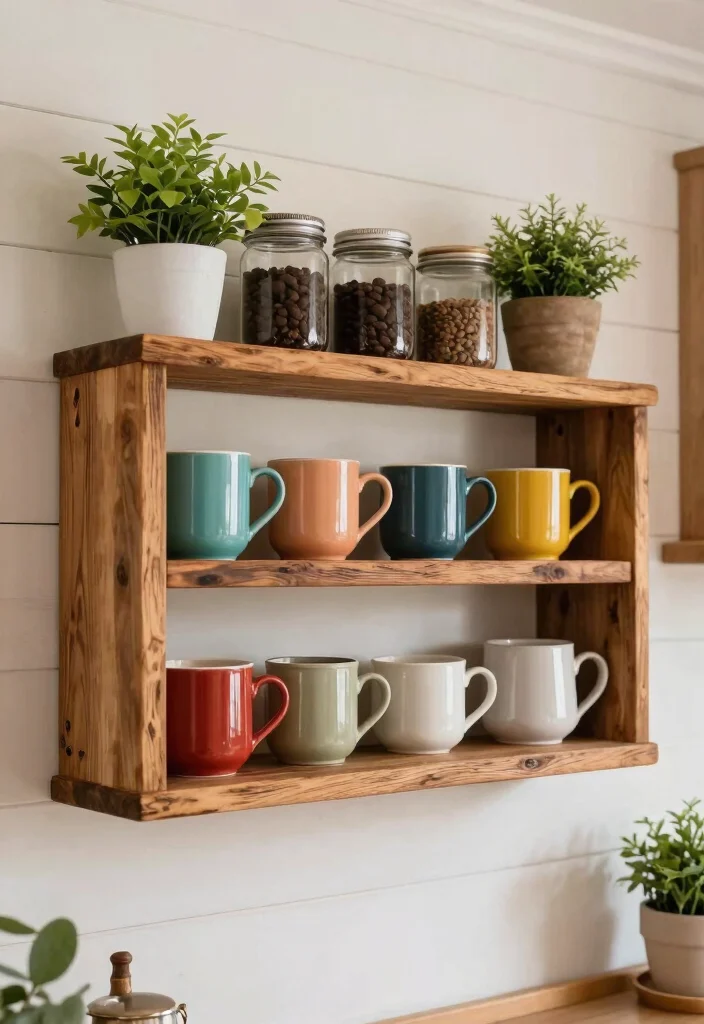 18 Farmhouse Coffee Bar Ideas That Fit on a Counter or Empty Corner - 3. Wall-Mounted Coffee Shelf 1