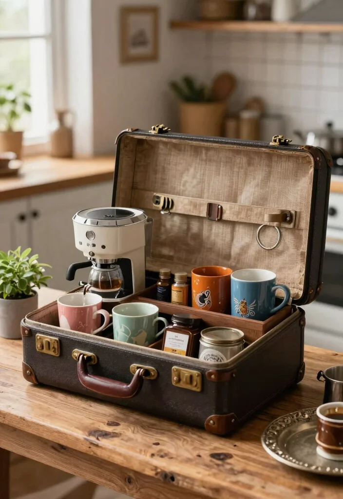 18 Farmhouse Coffee Bar Ideas That Fit on a Counter or Empty Corner - 4. Vintage Suitcase Bar 1