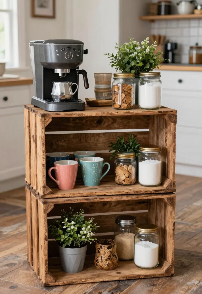 18 Farmhouse Coffee Bar Ideas That Fit on a Counter or Empty Corner - 6. Repurposed Wood Crate Coffee Station 1