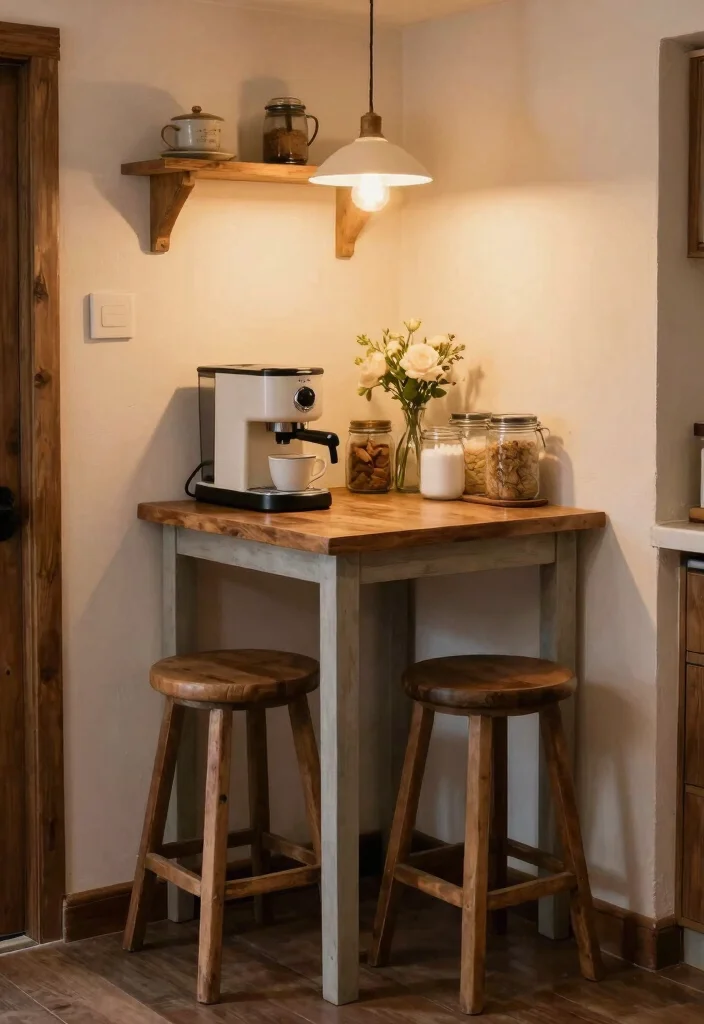 18 Farmhouse Coffee Bar Ideas That Fit on a Counter or Empty Corner - 7. Mini Coffee Bar with Bar Stools 1
