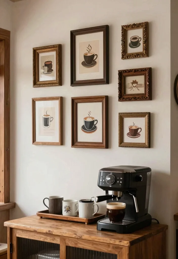 18 Farmhouse Coffee Bar Ideas That Fit on a Counter or Empty Corner - 8. Coffee Corner with Gallery Wall 1