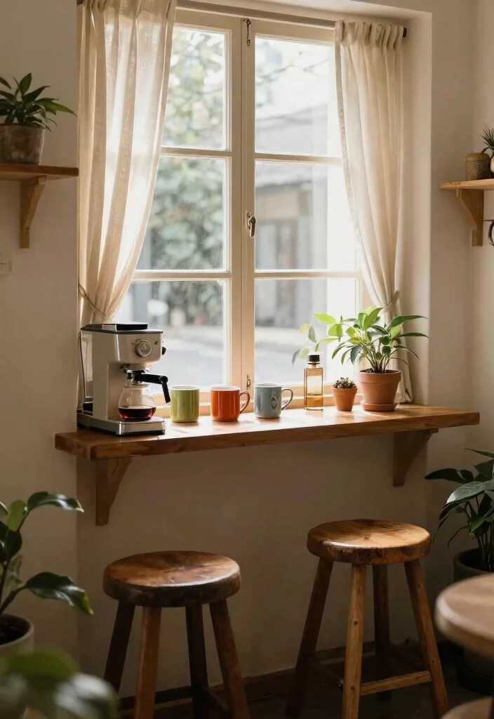 18 Farmhouse Coffee Bar Ideas That Fit on a Counter or Empty Corner - 9. Cozy Window Coffee Nook 1