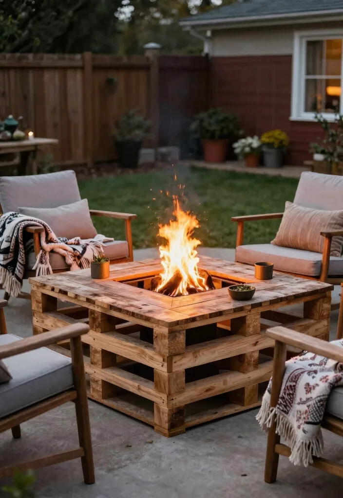 18 Rustic Fire Pit Ideas That Work Without a Full Patio - 11. Pallet Wood Fire Pit Table 1