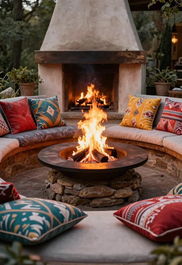 18 Rustic Fire Pit Ideas That Work Without a Full Patio - 13. Rustic Fire Pit with Cushions 1