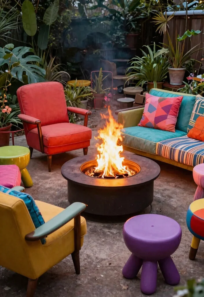 18 Rustic Fire Pit Ideas That Work Without a Full Patio - 17. Quirky Furniture near the Fire Pit 1