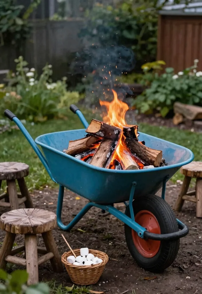 18 Rustic Fire Pit Ideas That Work Without a Full Patio - 4. Wheelbarrow Fire Pit 1