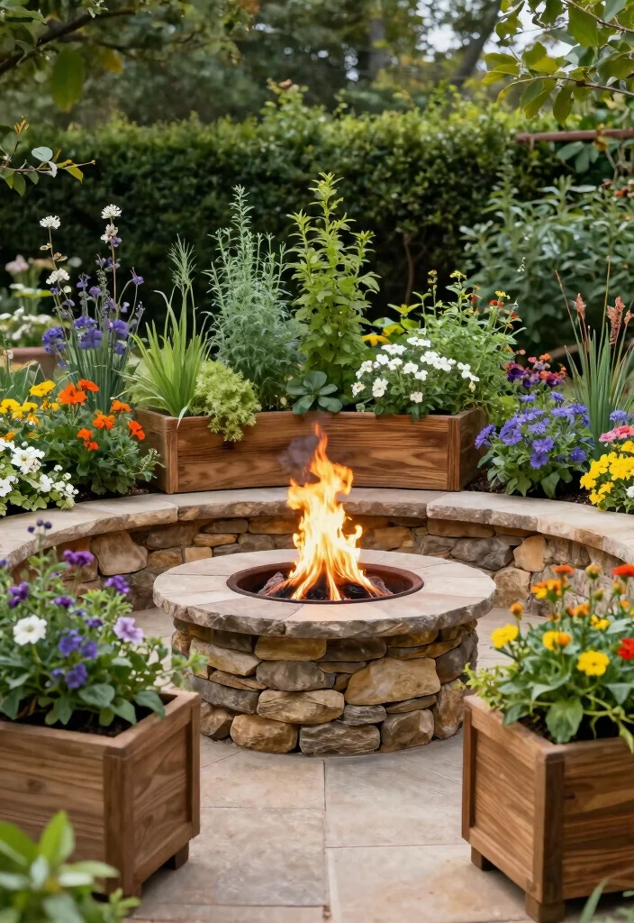 18 Rustic Fire Pit Ideas That Work Without a Full Patio - 7. Fire Pit with Added Planters 1