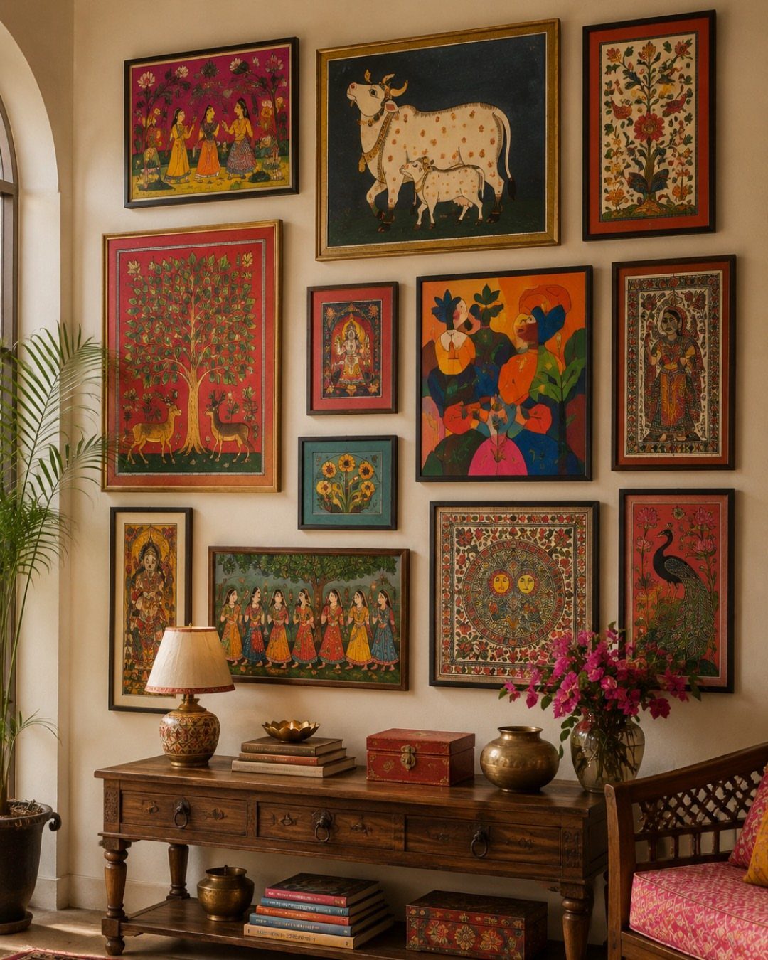 Various framed colorful paintings arranged in a gallery wall style above a wooden console table.