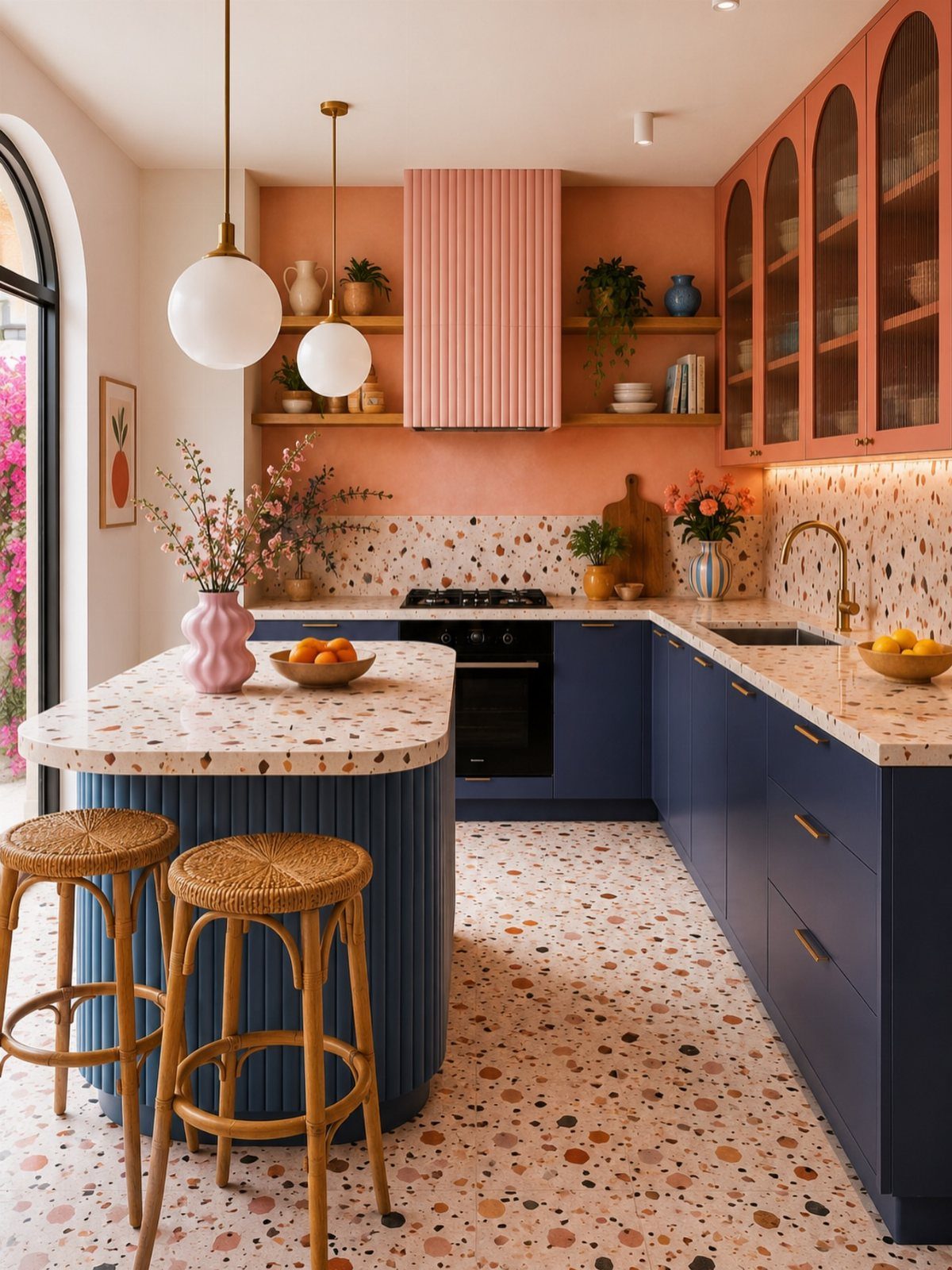 Kitchen Floor Tiles Design: 13 Ideas for Stone, Ceramic & Patterned Floors 5 Terrazzo patterned kitchen floor and countertops in a modern kitchen with navy blue cabinets.