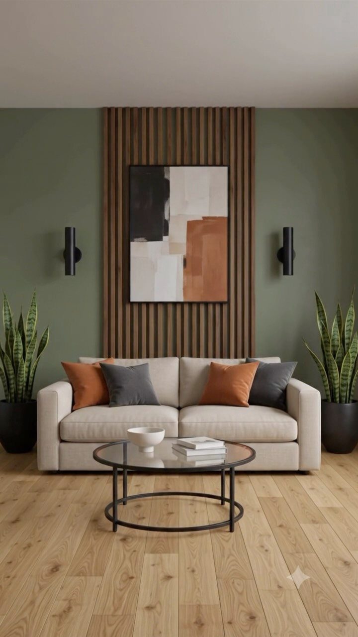 Vertical wood slats form an accent wall behind a beige sofa in a modern living room.