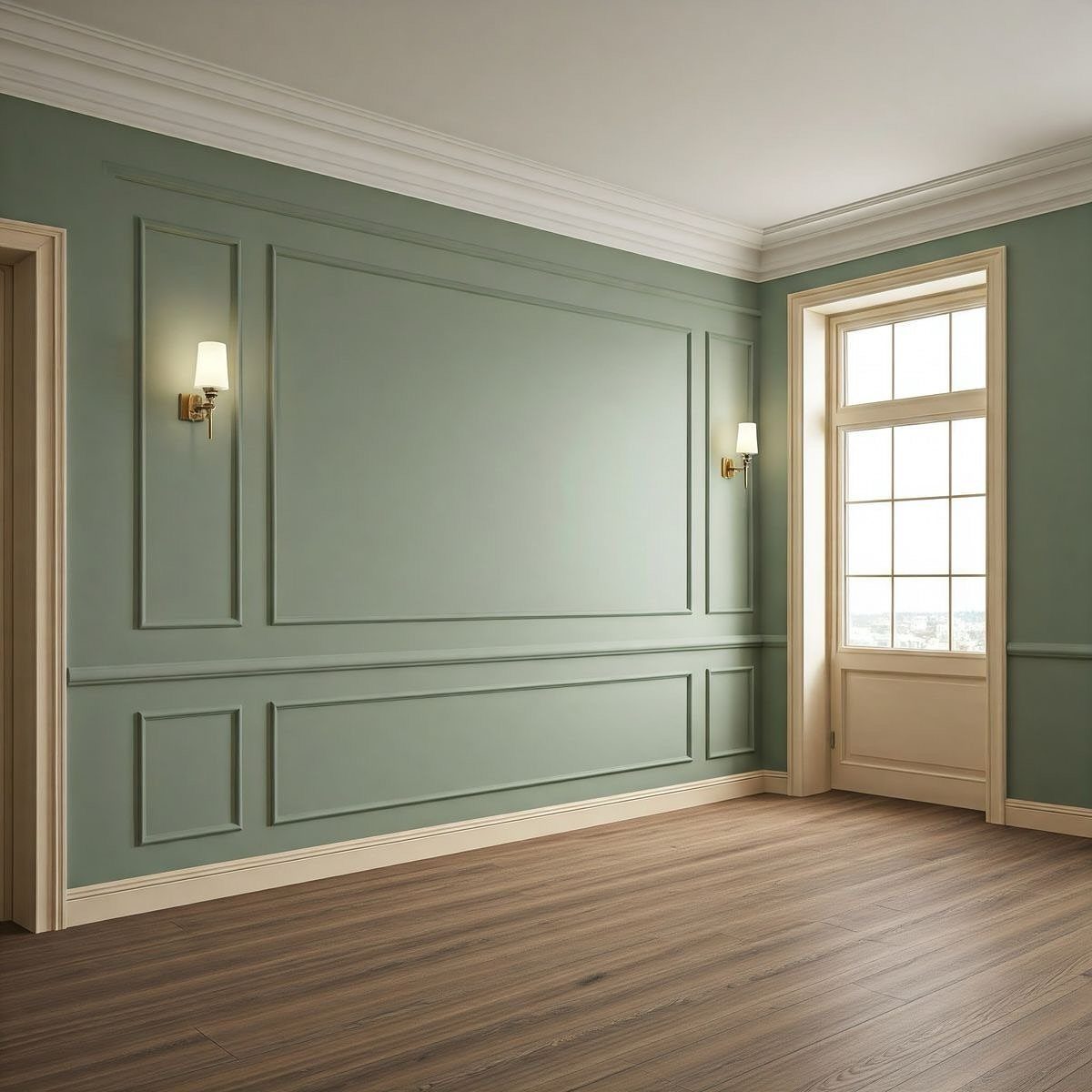 Sage green walls with decorative wainscoting and panel molding in an empty room with wood floors.