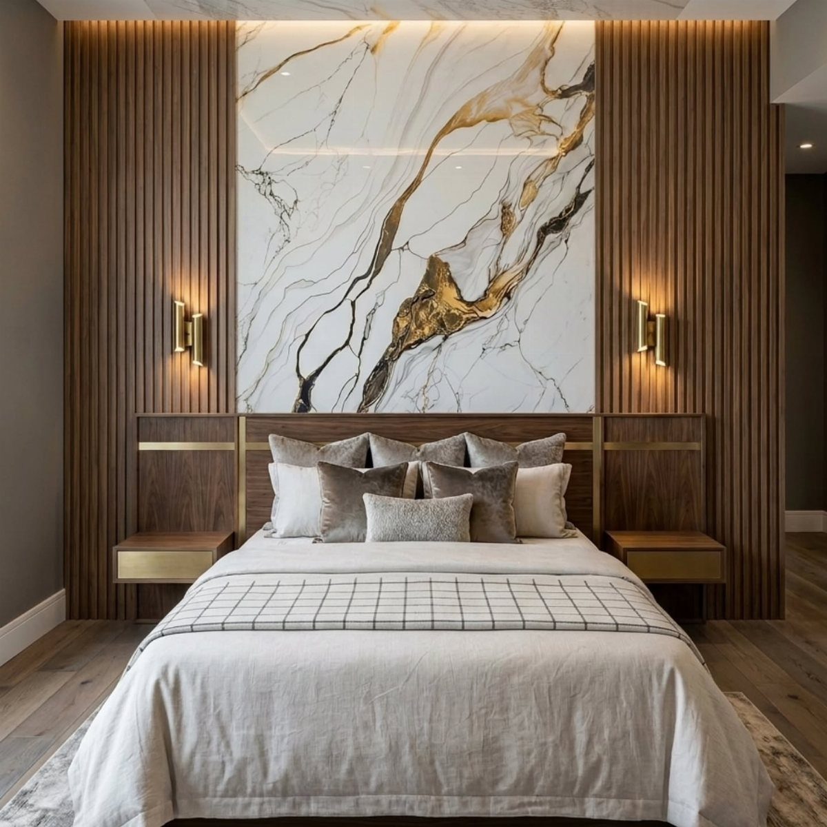 20 Bedroom Wall Designs for Accent, Texture and Art 6 A bed with a large marble-patterned accent wall and vertical wooden slats.