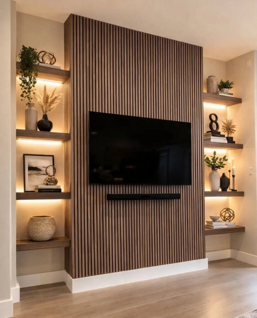 Vertical dark wood slats form a textured accent wall behind a television with lit floating shelves.