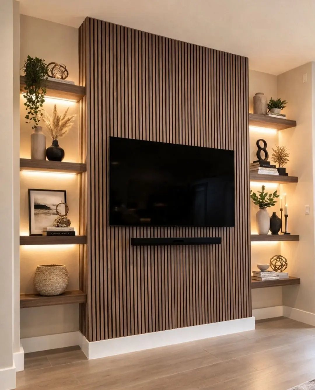 Vertical dark wood slats form a textured accent wall behind a television with lit floating shelves.