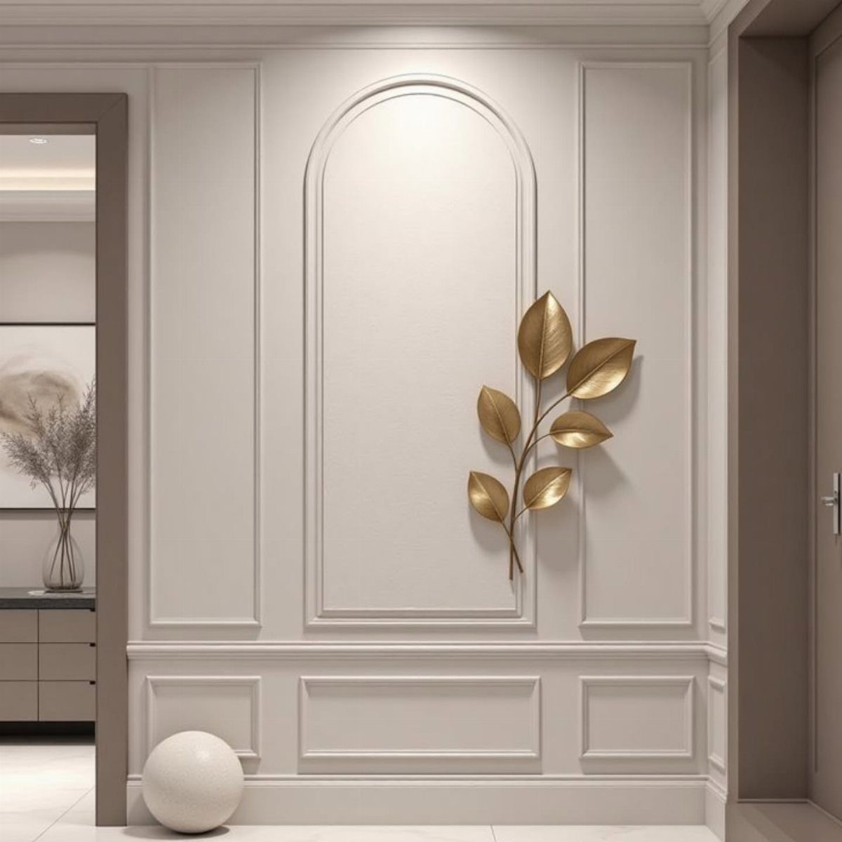 Cream walls with arched picture frame molding and a gold leaf sculpture decoration.