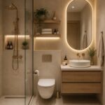 Modern bathroom with gold shower fixtures, floating wooden vanity, and backlit oval mirror with recessed shelving.