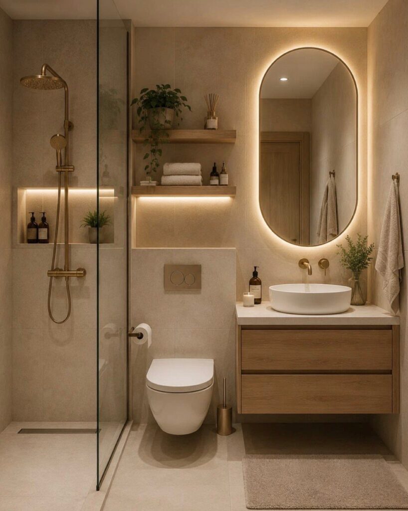 Modern bathroom with gold shower fixtures, floating wooden vanity, and backlit oval mirror with recessed shelving.