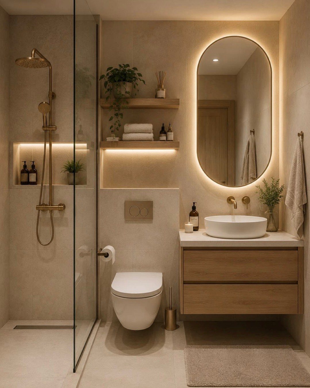 Modern bathroom with gold shower fixtures, floating wooden vanity, and backlit oval mirror with recessed shelving.