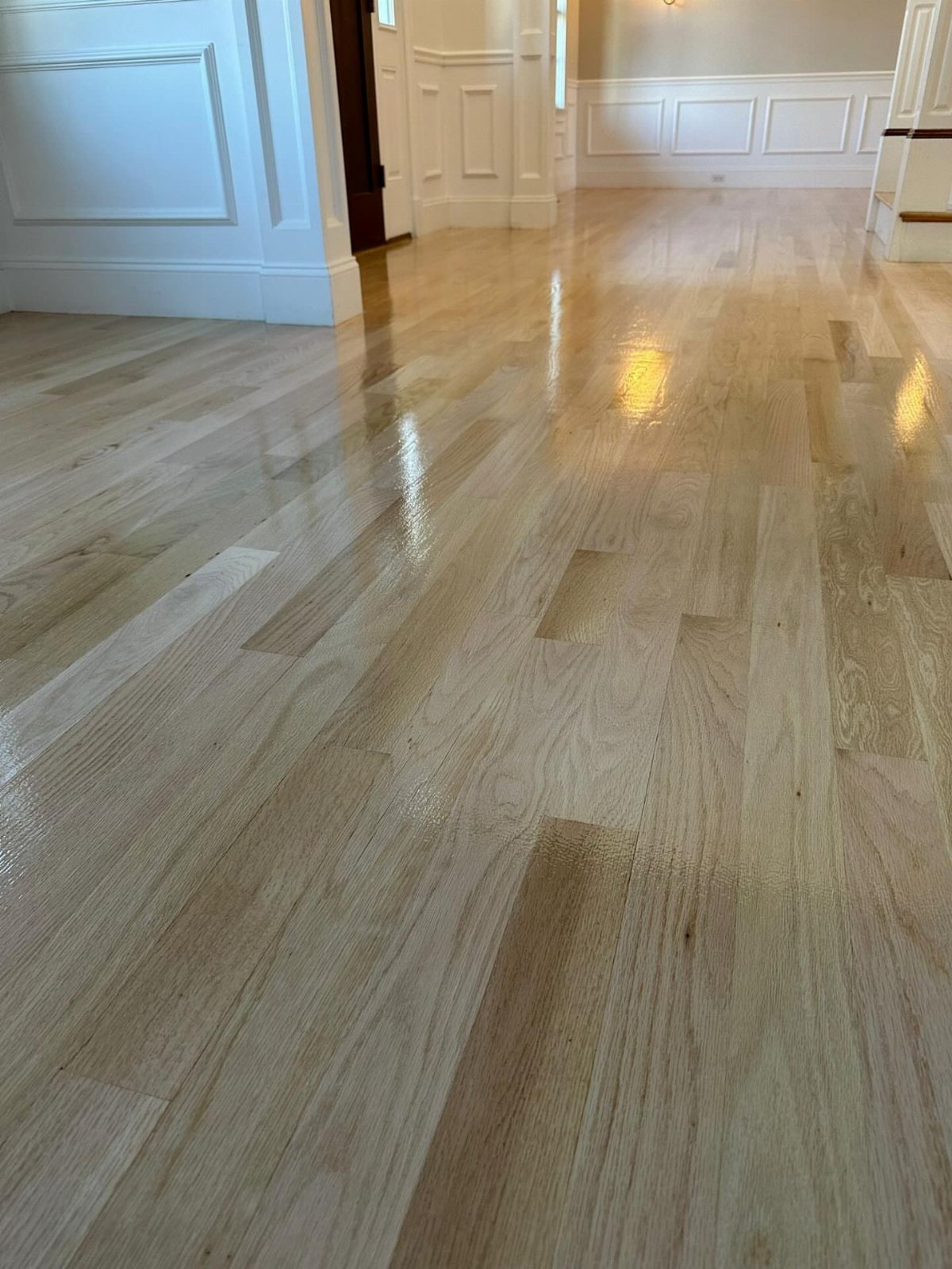 Polished light hardwood floor planks with a glossy finish reflecting light in a room with white wainscoting.