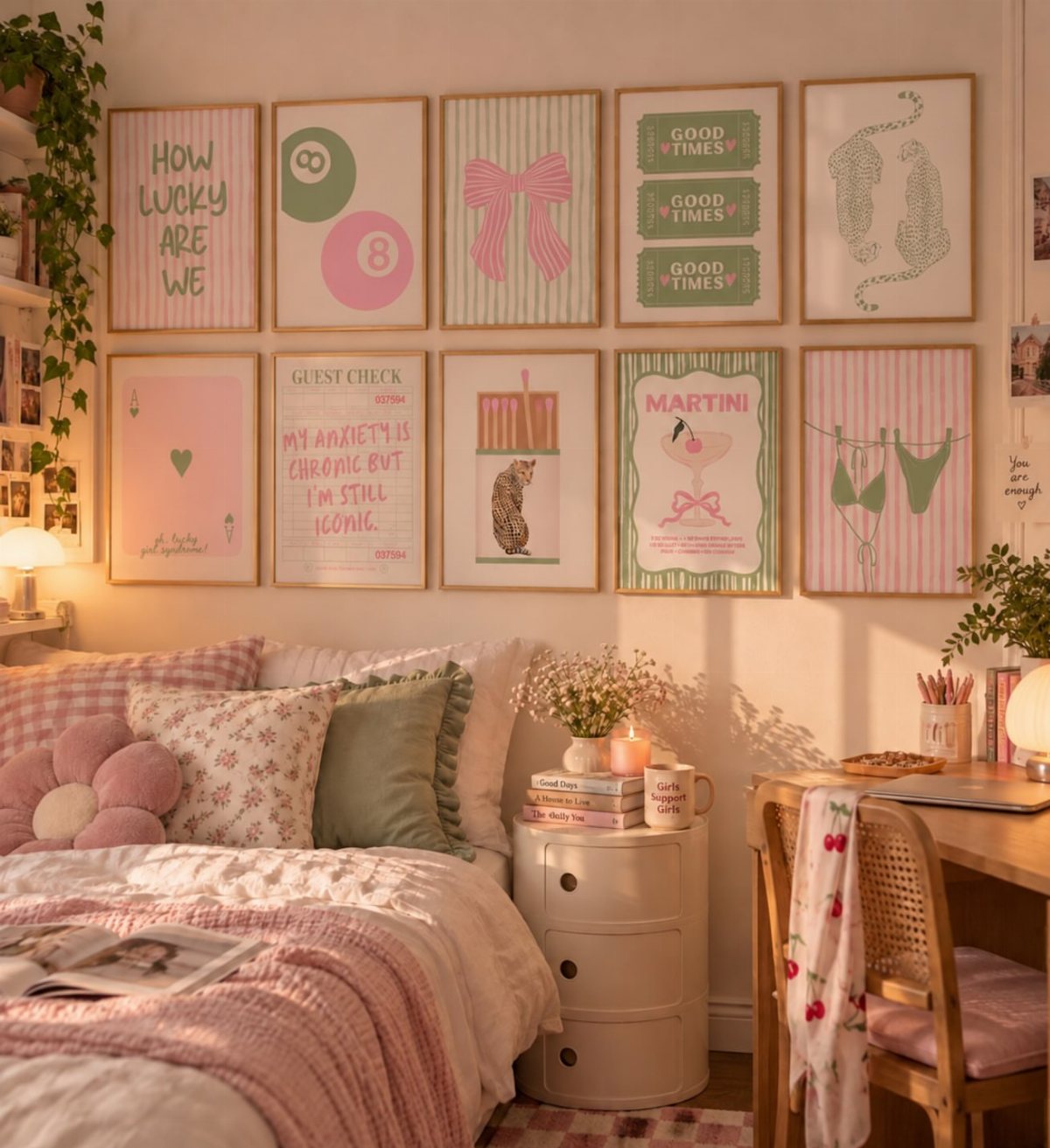 Framed pastel art prints arranged in a grid on a bedroom wall above a bed.