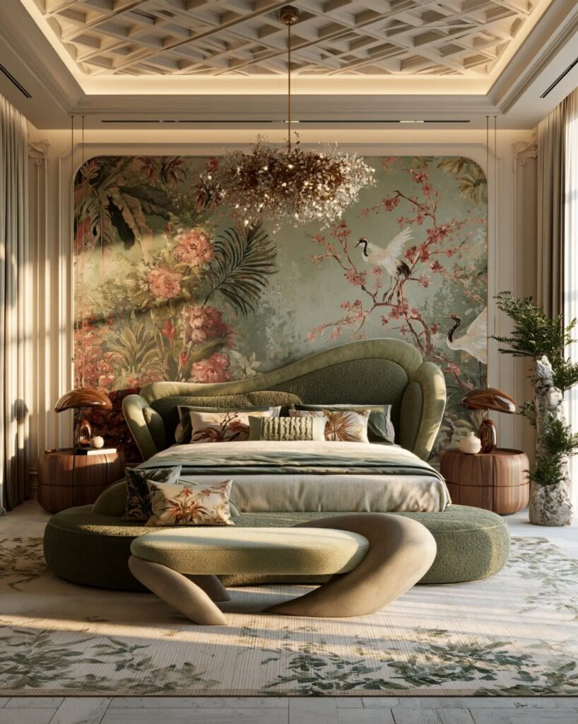 A luxury bedroom featuring a large botanical mural wallpaper behind a green velvet bed.
