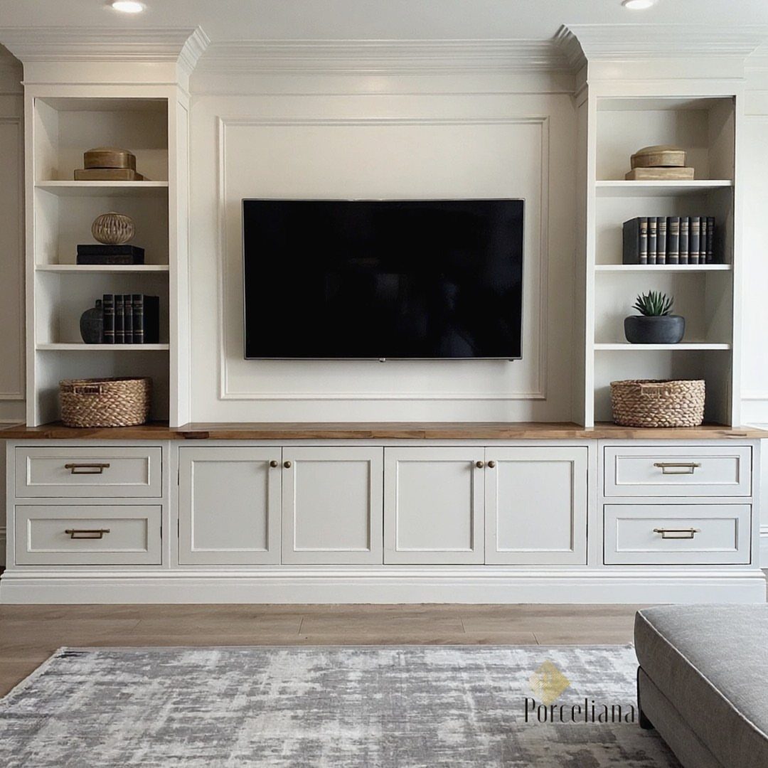 Built-in white entertainment center with bookshelves, a central television, and a light wood countertop.