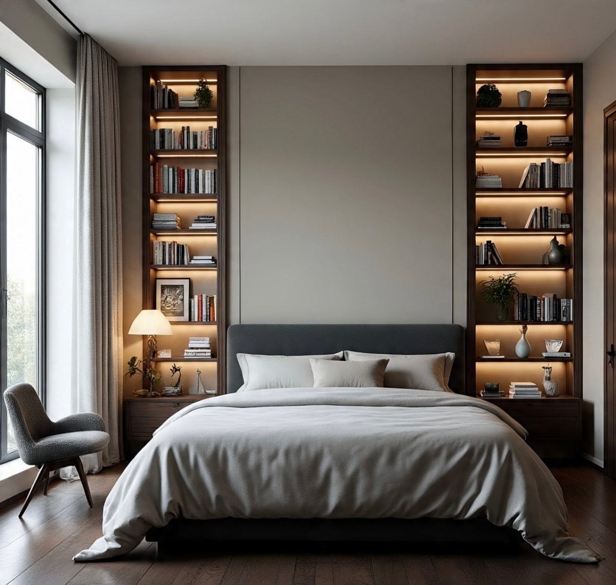 20 Bedroom Wall Designs for Accent, Texture and Art 12 A modern bedroom with a large bed flanked by two tall, illuminated built-in bookshelves.