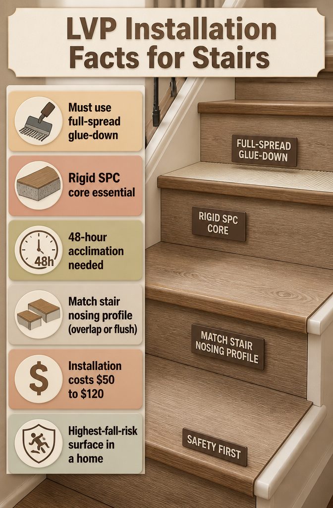 Information graphic about LVP installation facts for stairs.