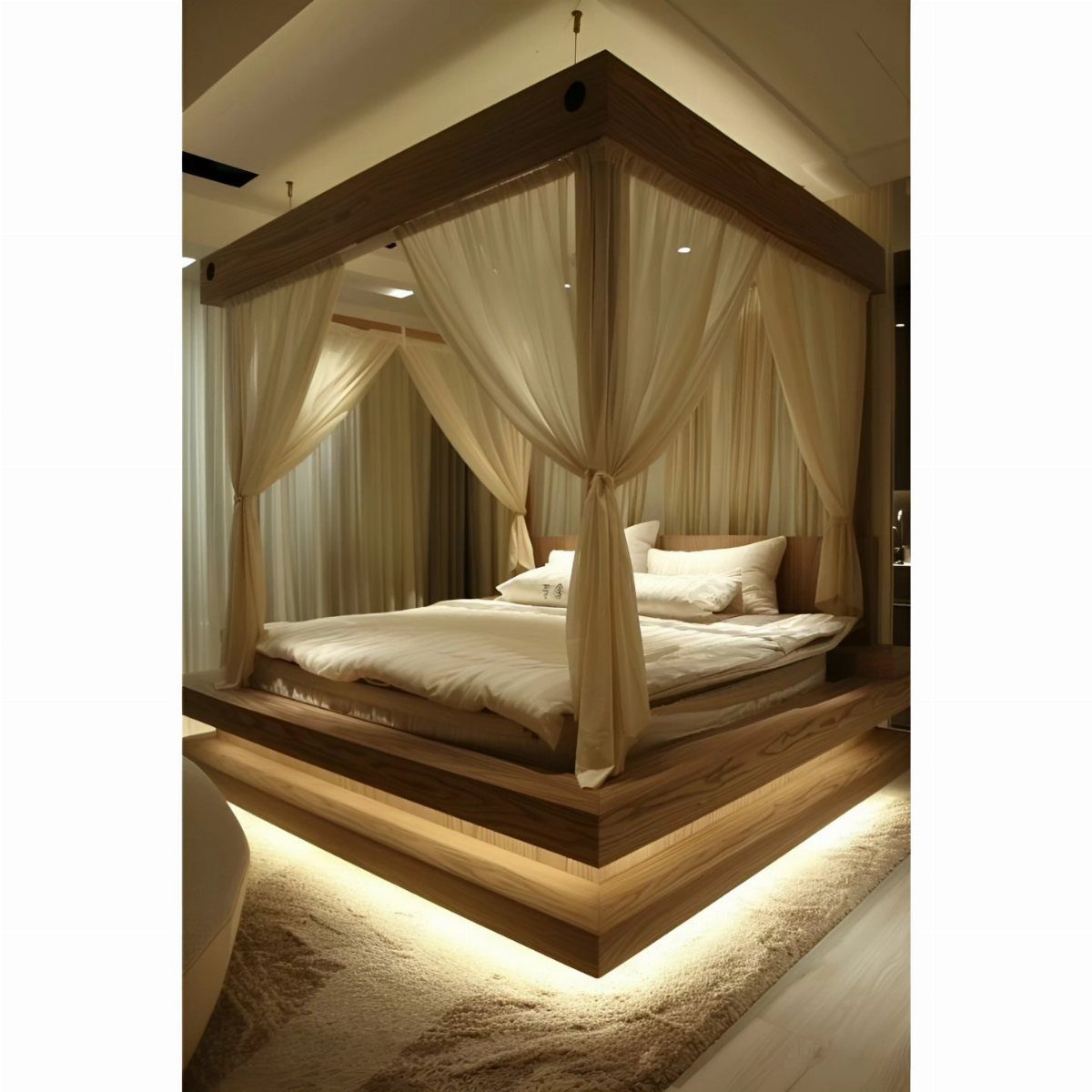 20 Bedroom Wall Designs for Accent, Texture and Art 8 A wooden canopy bed with sheer cream drapes and glowing under-bed lighting.