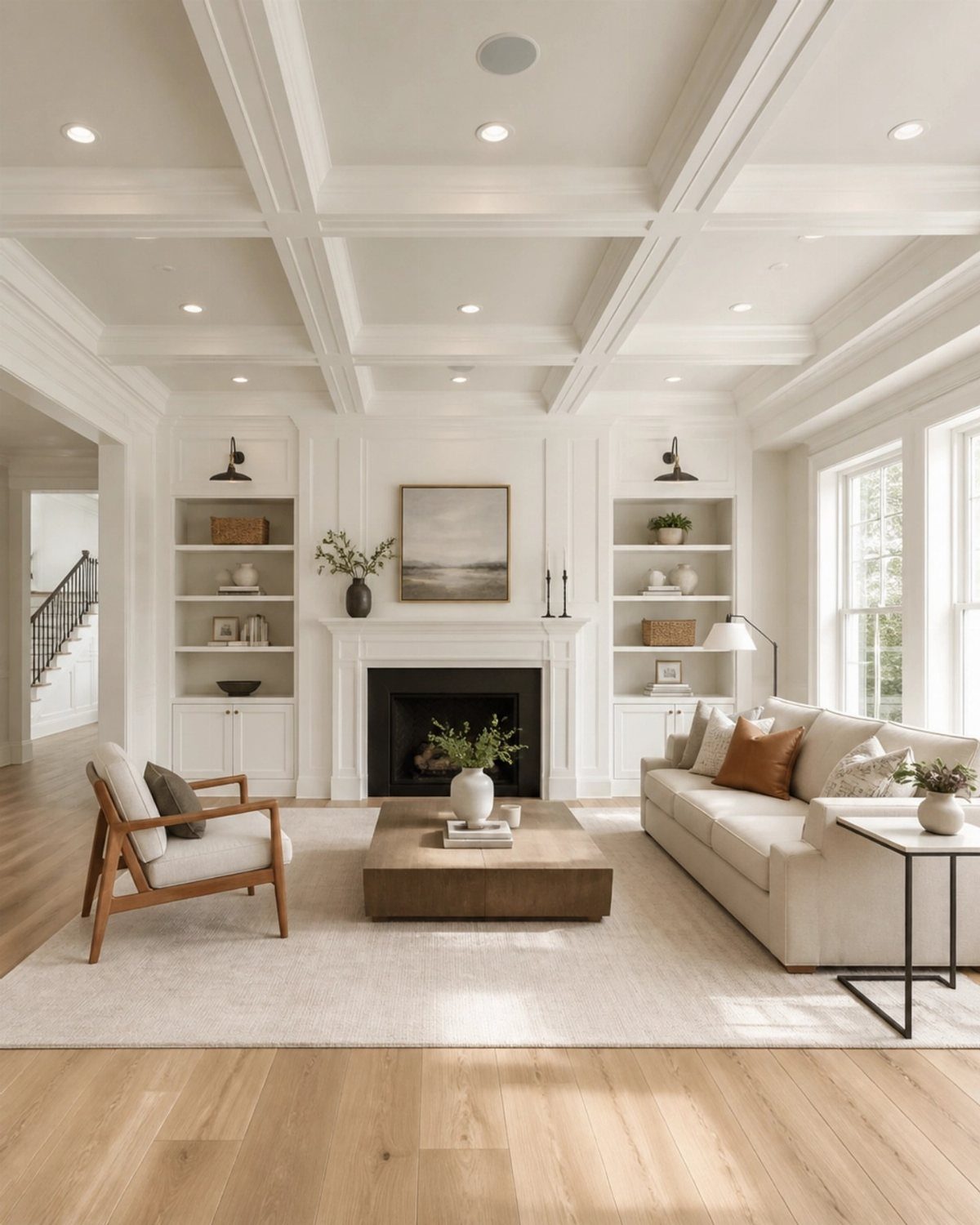 A bright living room featuring a white coffered ceiling with decorative wood molding and a central fireplace.