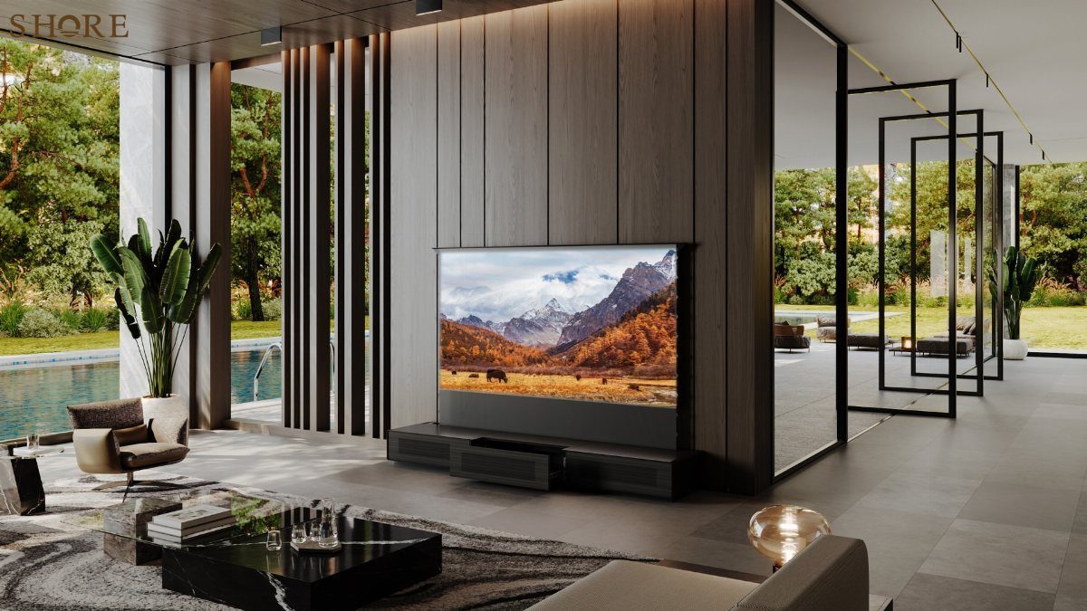 Modern dark wood wall unit with an integrated television in a luxury living room setting.