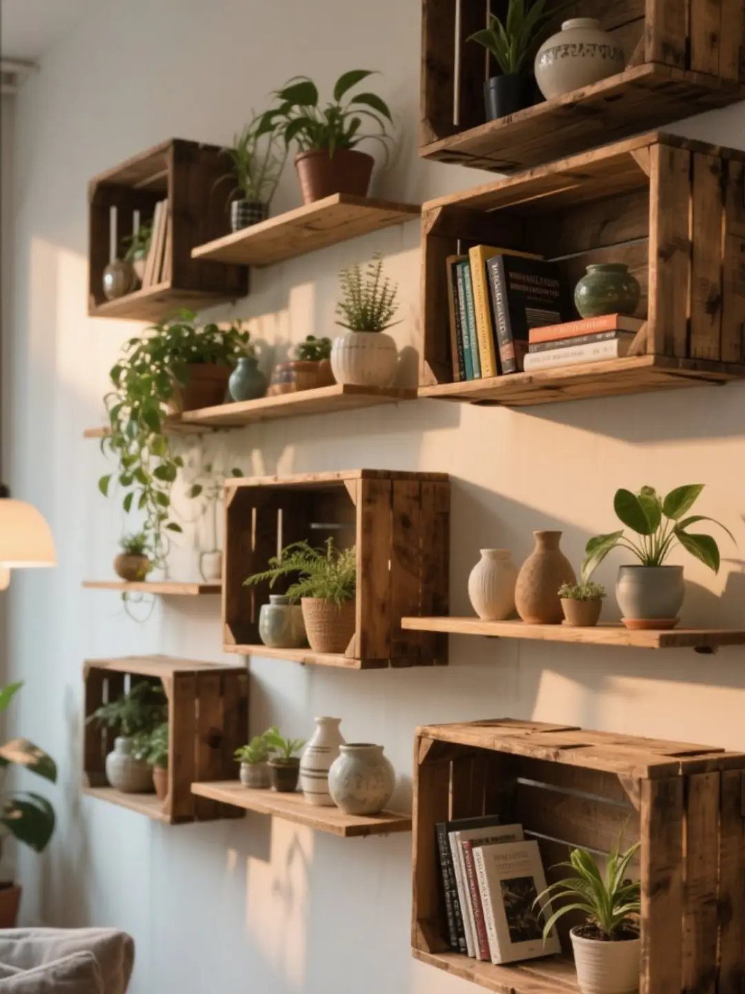Wooden crates and shelves mounted on a white wall holding plants, books, and vases.
