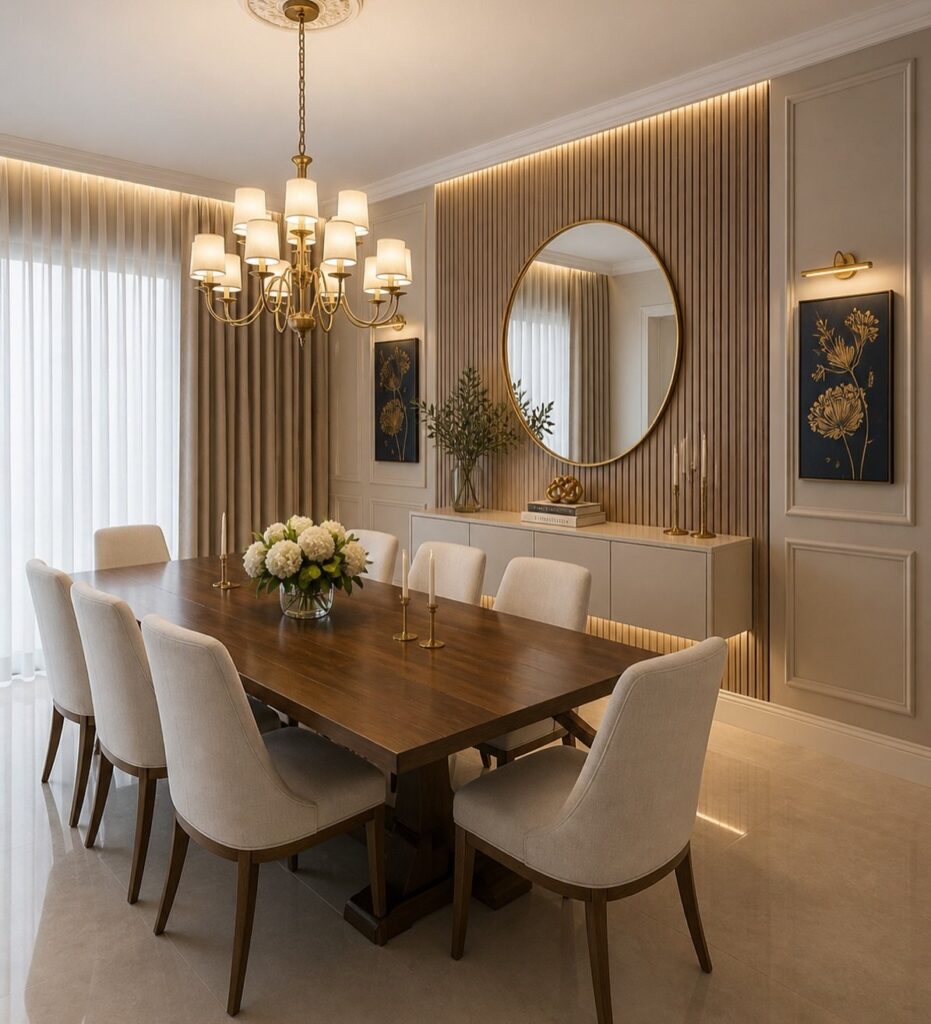 Dining room with a wooden table, cream chairs, and a vertical wood slat accent wall.