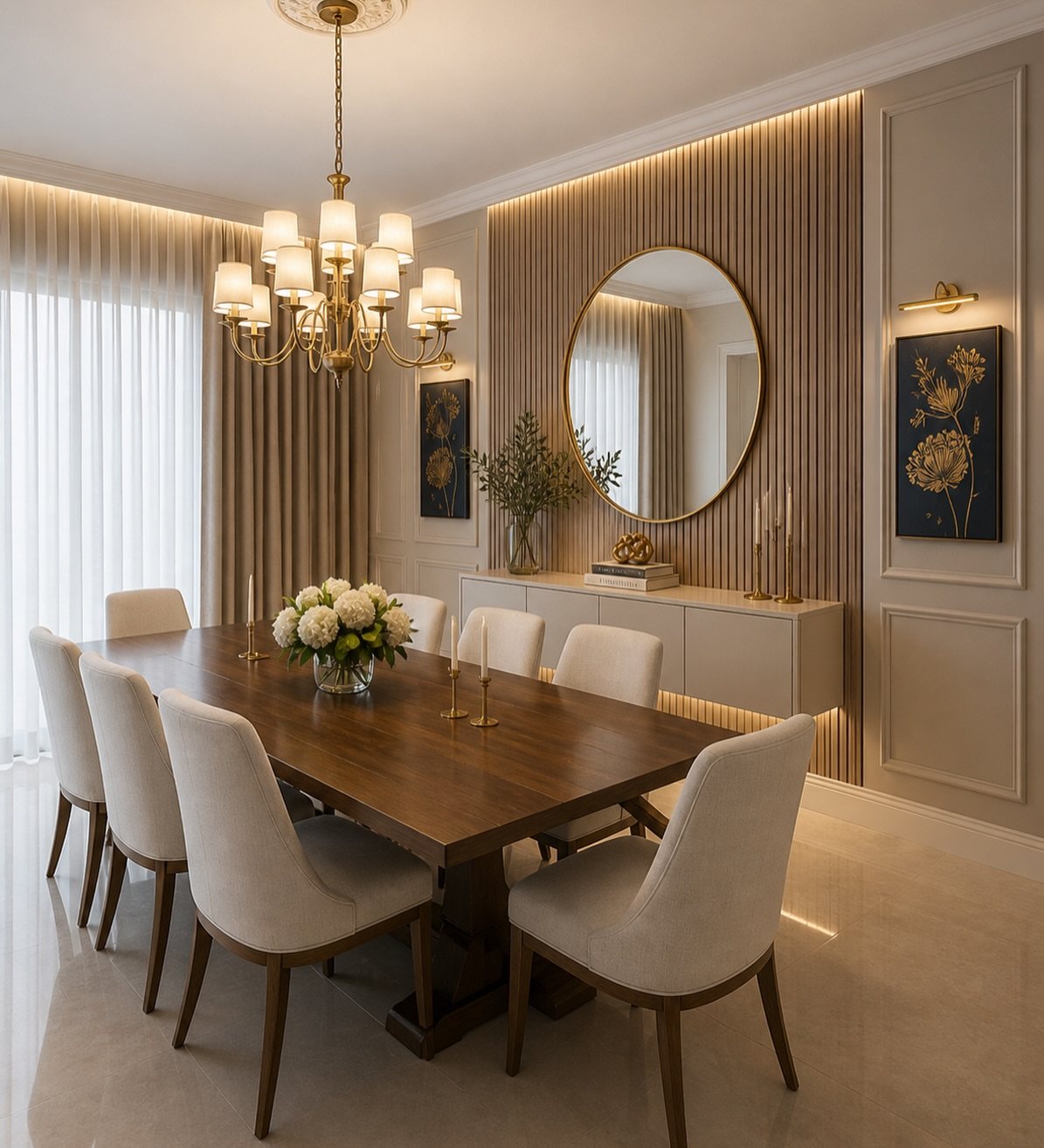 Dining room with a wooden table, cream chairs, and a vertical wood slat accent wall.