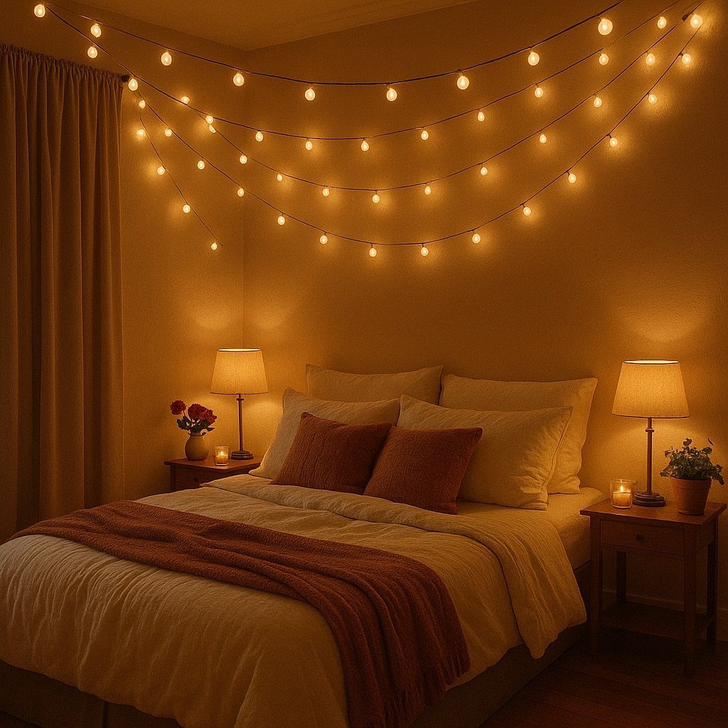 21 Bedroom Wall Decor Ideas With Photos for Every Style 18 Warm white fairy lights draped in layers across a bedroom wall above a cozy bed.