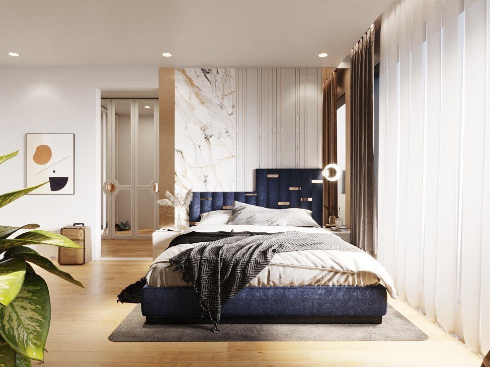 20 Bedroom Wall Designs for Accent, Texture and Art 18 A modern bedroom with a navy blue bed, marble accent wall, and large windows.
