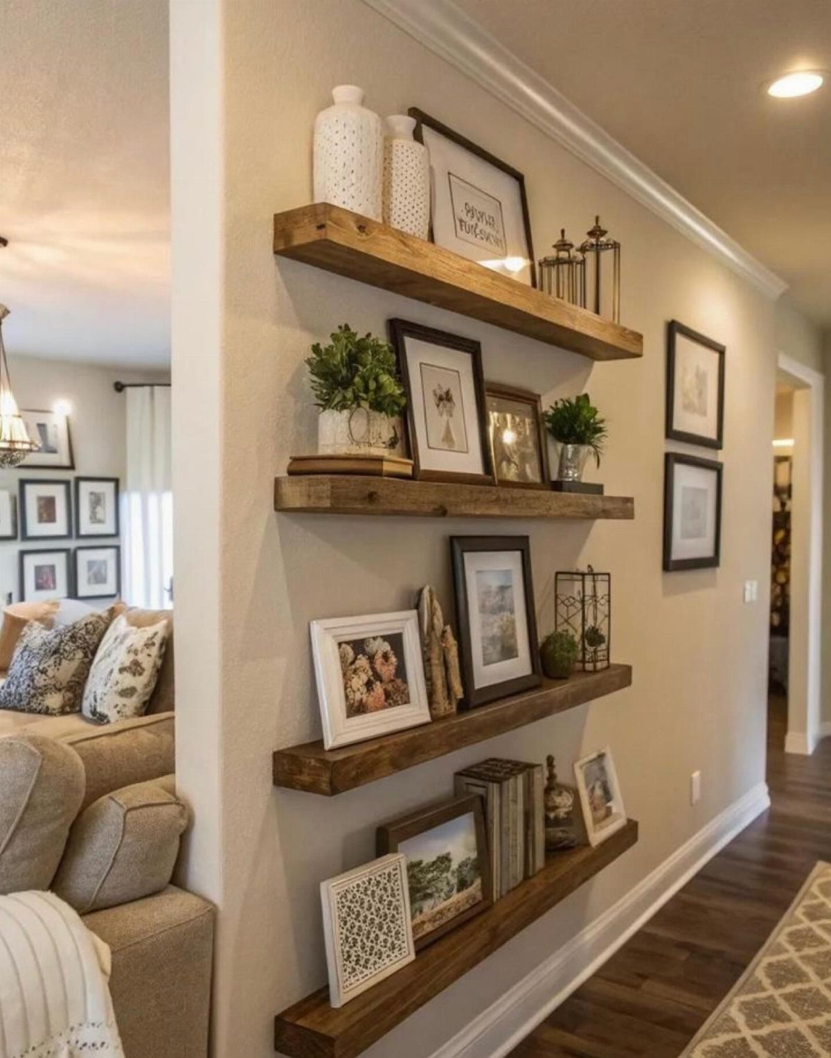 Four wooden floating shelves mounted on a beige wall decorated with frames and plants.