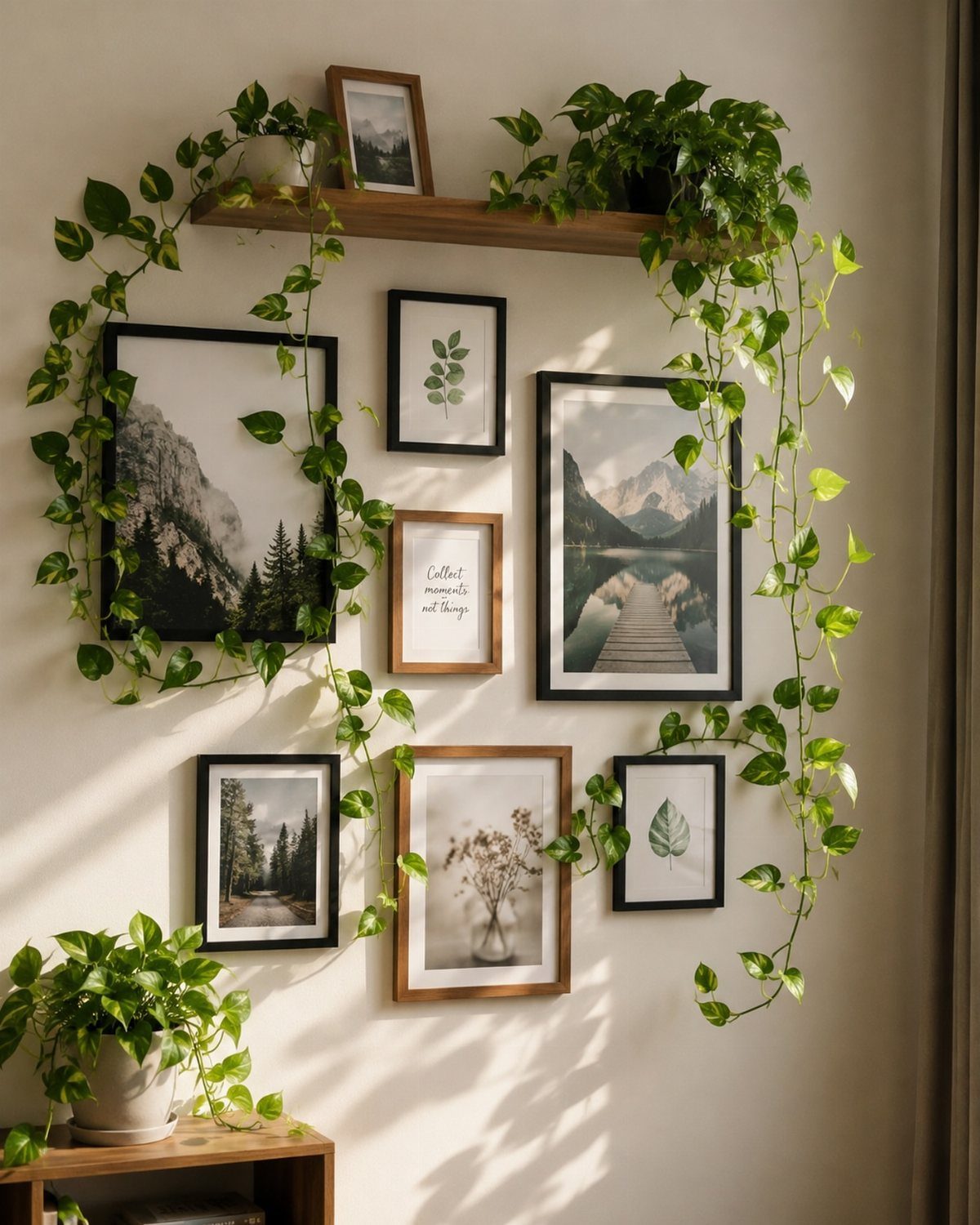 Framed botanical and landscape prints arranged on a wall with climbing green ivy vines.